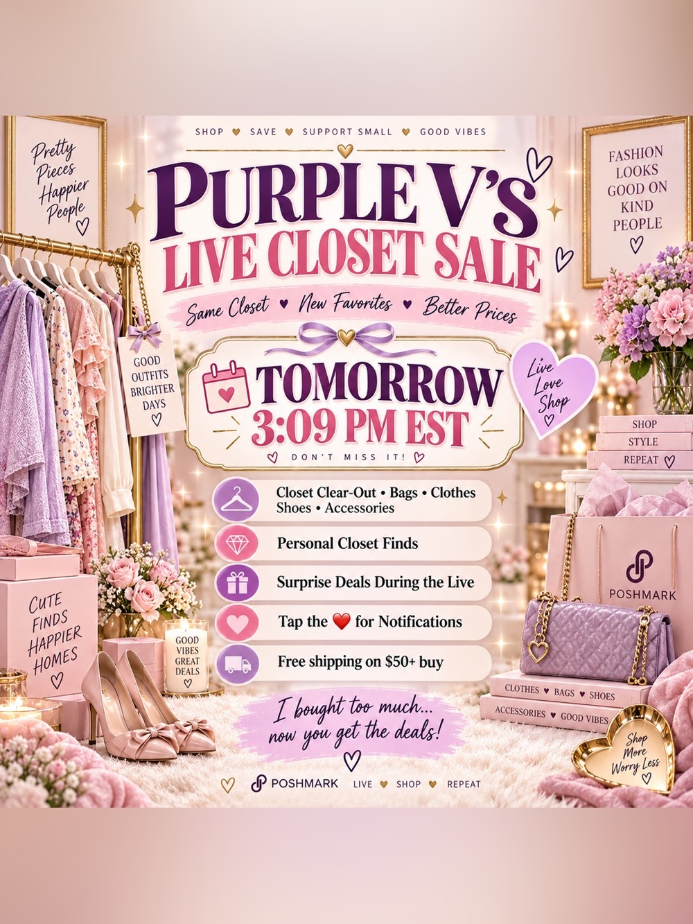 Live Closet Sale - Pink and Purple Party Decor Announcement